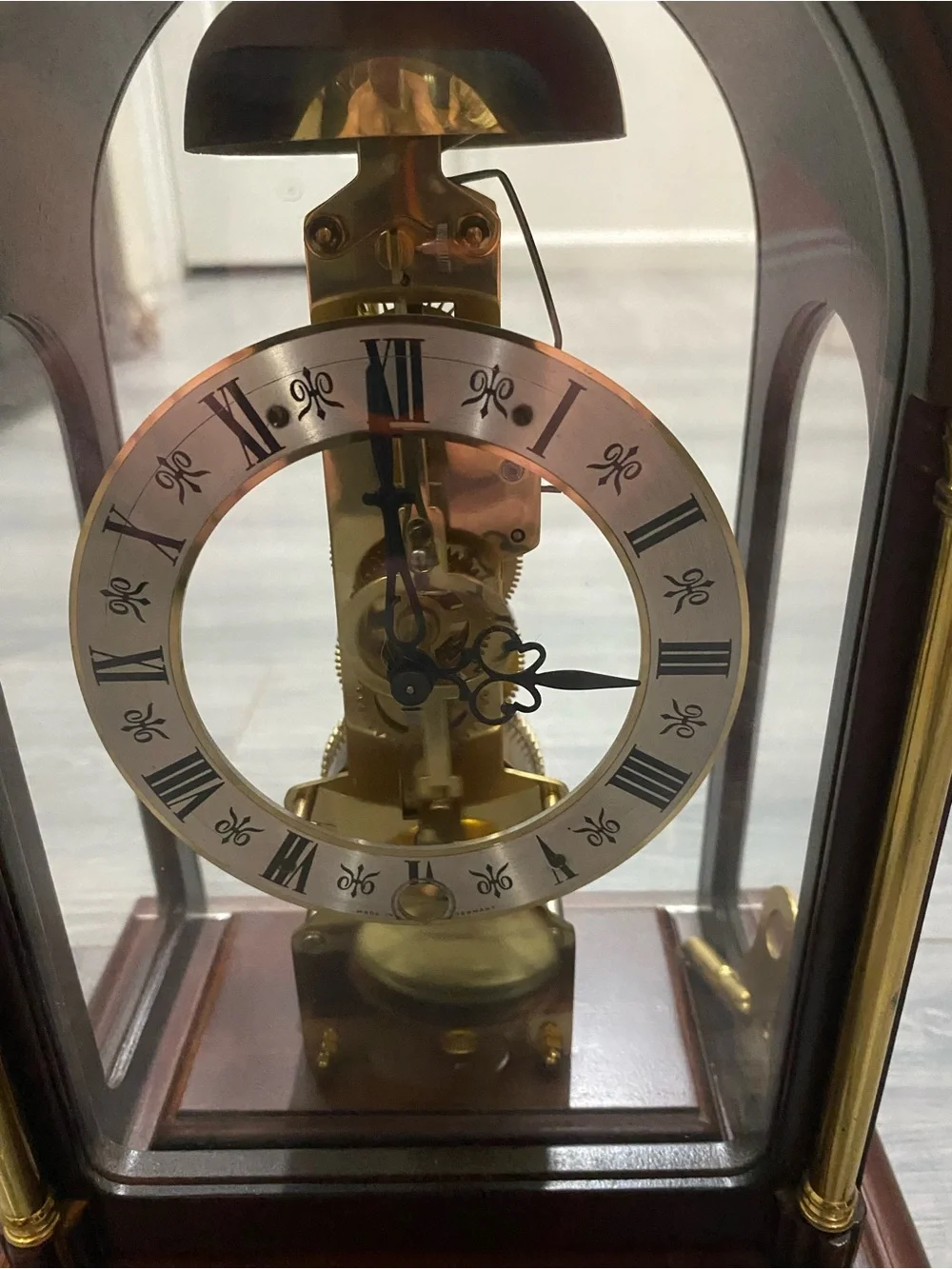 Classic Skeleton Mantel Clock in Brown and Gold